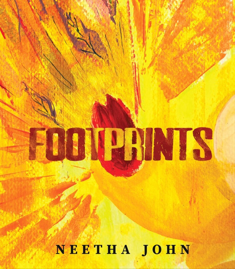Book cover of 'Footprints' featuring a stylized artistic design with orange, yellow, and red splashes of color, and the title 'Footprints' written prominently in red.