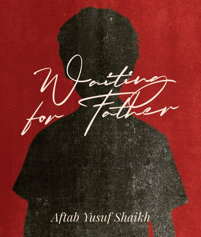Book cover of 'Waiting for Father' featuring a silhouette of a boy's head against a red background, with the author's name below.
